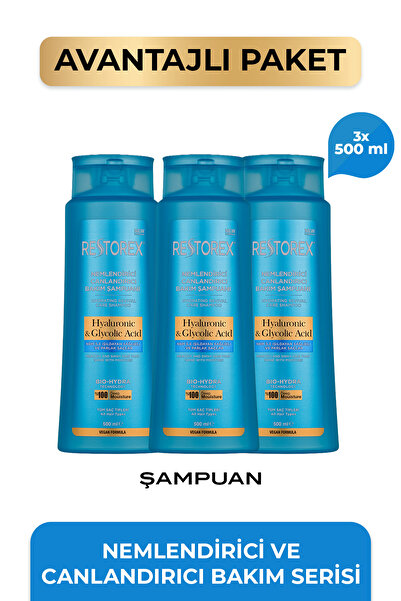 Restorex Hyaluronic Glycolic Acid Nemlendirici Canlandırıcı Şampuan 3 x 500 Ml