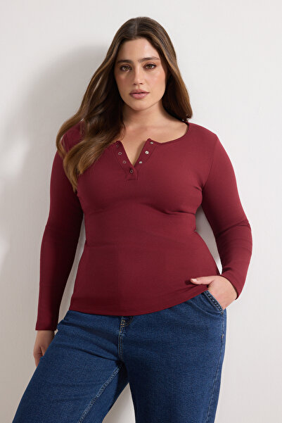 Trendyol Curve Burgundy Ribbed Knit Knitted Plus Size Blouse