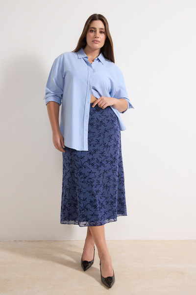 Trendyol Curve Blue Flock Patterned Knitted Plus Size Skirt Tbbss26Az00008