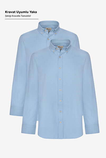 AC&Co / Altınyıldız Classics Erkek Mavi 2'li Pamuklu Oxford Kolay Ütülenebili...