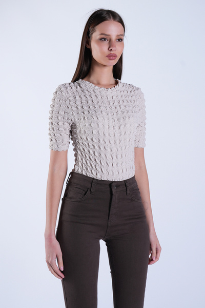 Trend Alaçatı Stili Women's Beige Crew Neck Short Sleeve Seersucker Fabric Bl...