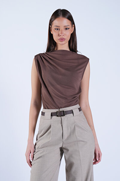 Trend Alaçatı Stili Women's Brown High Neck Shoulder Draped Transparent Blous...