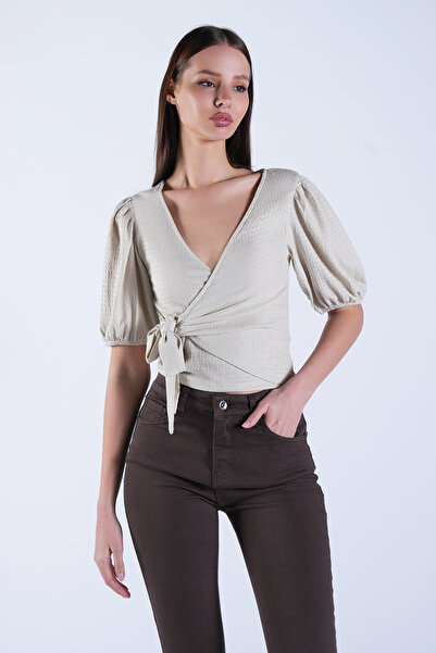 Trend Alaçatı Stili Women's Stone Balloon Sleeve Double-Breasted Waist-Tied B...