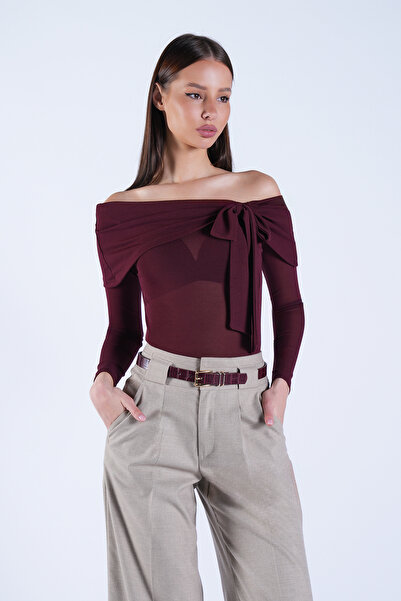 Trend Alaçatı Stili Women's Burgundy Carmen Collar Tie Detailed Transparent B...