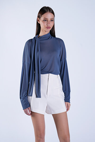 Trend Alaçatı Stili Women's Indigo Stand Collar Transparent Blouse with Fixed...