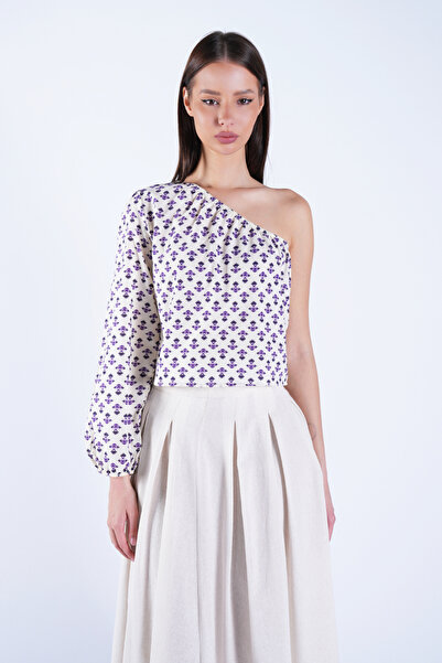 Trend Alaçatı Stili Γυναικεία υφαντή μπλούζα με μονό μανίκι και λουλουδάτο σχ...