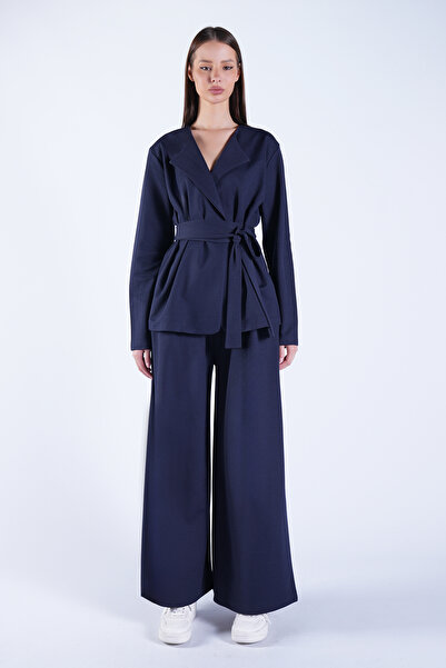 Trend Alaçatı Stili Women's Navy Blue Self-Tie Belted Long Jacket and Double ...