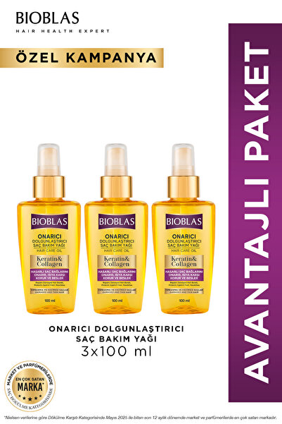 Bioblas Keratin & Kolajen Onarıcı Dolgunlaştırıcı Saç Bakım Yağı 3 x 100 Ml İ...