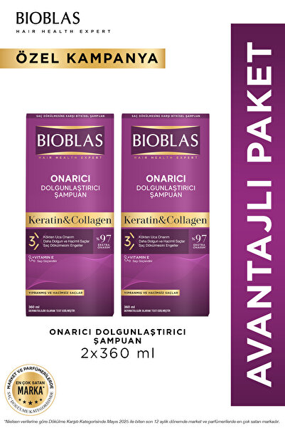 Bioblas Keratin & Kolajen Onarıcı Dolgunlaştırıcı Saç Bakım Şampuanı 2 x 360 ...
