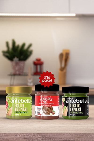 Antebella 3'lü Premium Paket (ANTEP FISTIĞI EZMESİ, ANTEP FISTIĞI KREMASI, FINDIK KREMASI)