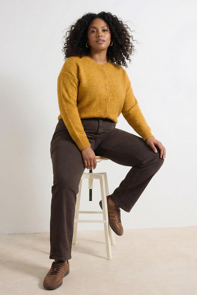 Trendyol Curve Wardrobe Essentials Basic-Strickjacke aus Senf-Alpaka-Wollmisc...