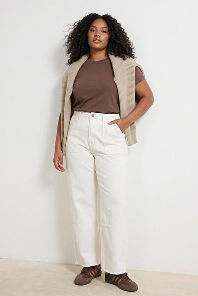 Trendyol Curve Ekru Wysoki stan Szerokie nogawki 100% bawełna Duże rozmiary D...