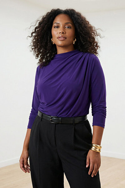 Trendyol Curve Mor Sandy Ruched Detail Long Sleeve Knitted Plus Size Blouse T...