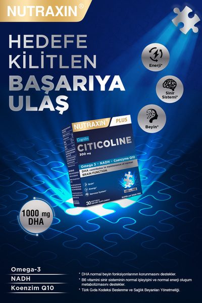 Nutraxin Citicoline 300 mg 30 Softgel – Omega 3, DHA, EPA, Koenzim Q10, B6 B12 İçeren Takviye Sitikolin