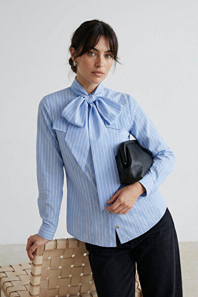 Trendyol Modest Blue Regular Terrycotton Plain Woven Shawl Collar Detailed Hi...