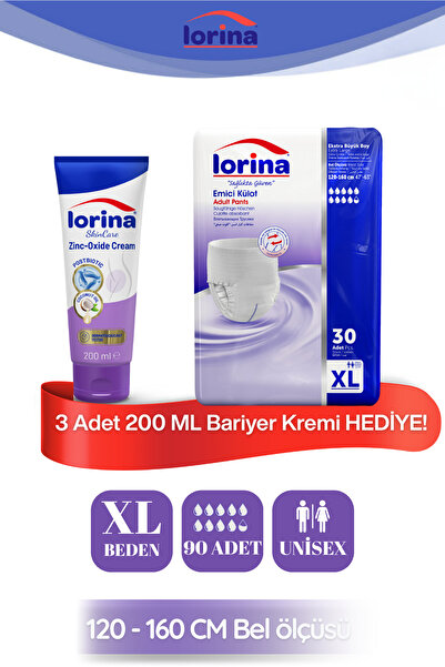 LORİNA Lorina Emici Külot Hasta Bezi X large 90'lı - 200 ML Bariyer Kremi Hed...
