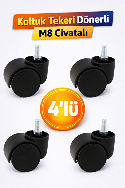 Badem10 Koltuk Tekeri Dönerli M8 Civatalı 4'lü Set Siyah Dayanıklı Mobilya Sa...
