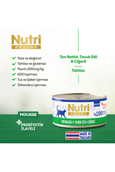 Nutri Feline Yetişkin Kediler için Ton Balıklı, Tavuk Etli ve Ciğerli 12 Adet...