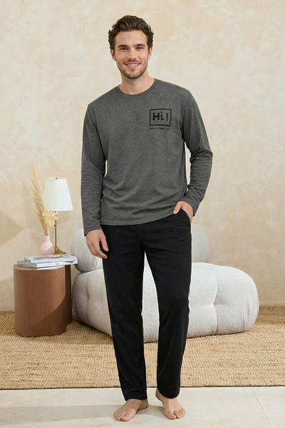 Trendyol Collection Anthracite Regular Fit Printed Knitted Pajama Set Tmnaw26...