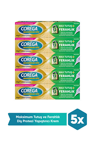 Corega Max Tutuş & Ferahlık Diş Protezi Yapıştırıcı Krem 40g X 5 Adet