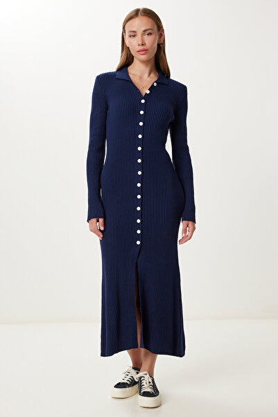 Happiness İstanbul Kadın Lacivert Polo Yaka Midi Fitilli Triko Elbise MX00245