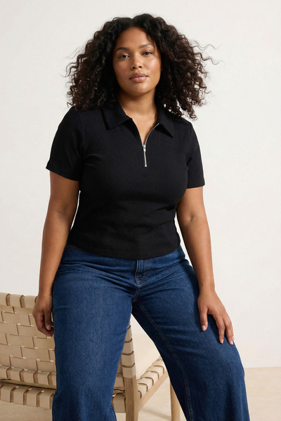 Trendyol Curve Black Zippered Polo Collar Camisole Knitted Plus Size Blouse T...