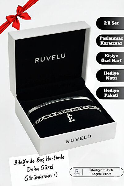 ruvelu 2'li Harfli Paslanmaz | Kararmaz | Unisex | Çelik Bileklik Seti - Sevg...