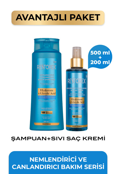 Restorex Hyaluronic & Glycolic Acid Nemlendirici Onarıcı Sıvı Saç Kremi + Şam...