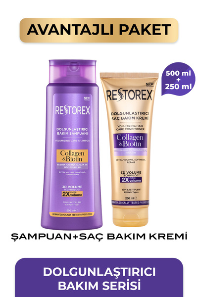 Restorex Kolajen & Biotin Dolgunlaştırıcı Şampuan 500 Ml + Saç Bakım Kremi 25...