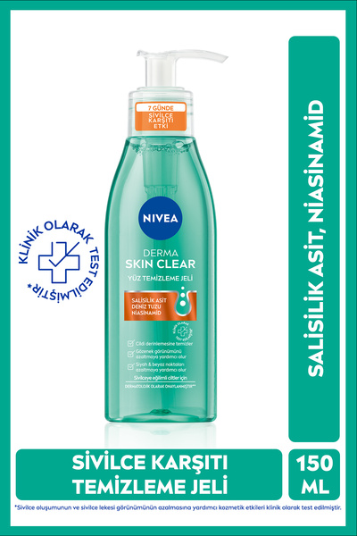 NIVEA Sivilce Karşıtı Derma Skin Clear Yüz Temizleme Jeli 150ml ve Tonik 200ml, Gözenek ve Siyah Nokta