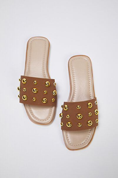 TRENDYOL SHOES Taba Gold Trok Stone Stylish Damen Hausschuhe TAKSS25TE00013