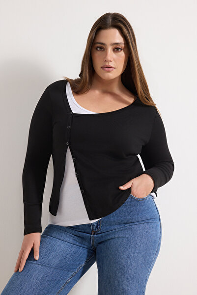 Trendyol Curve Black Stretch Fabric Combed Cotton Single Jersey Knitted Plus ...