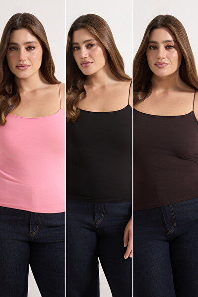 Trendyol Curve Black-Brown-Pink 3-Pack Thin Strap Crop Plus Size Tank Top Tbb...