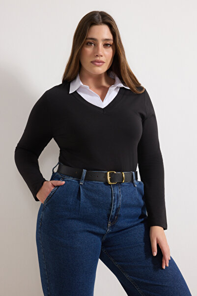 Trendyol Curve Black Shirt Collar Detailed Single Jersey Knitted Plus Size Bl...
