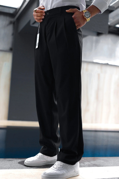 hello7 Baggy Çift Pileli Siyah Pantolon Rahat Kesim Klasik Bol Paça Yeni Sezon