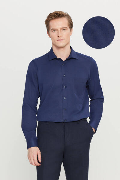AC&Co / Altınyıldız Classics Erkek Lacivert Pamuklu Tailored Slim Fit Dar Kesim Klasik Yaka Armürlü Cepli Gömlek