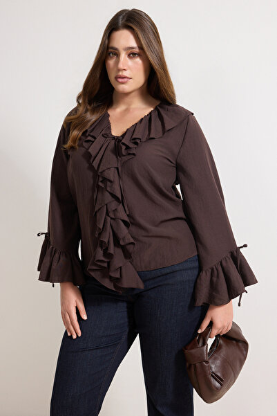 Trendyol Curve Dark Brown Aerobin Woven Oversized Blouse