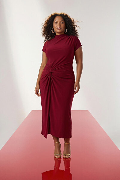 Trendyol Curve Burgundy Mock Neck Knot Detailed Midi Length Knitted Plus Size...