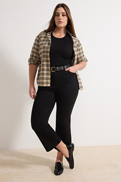 Trendyol Curve Nicht verblassende schwarze Hose mit hoher Taille und weitem B...