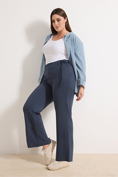 Trendyol Curve Anthracite Waist Tie Detailed Flowy Soft Fabric Plus Size Swea...