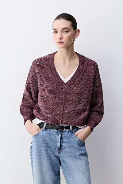 LEFTIES Γυναικείο πουλόβερ σενίλ με λαιμόκοψη V