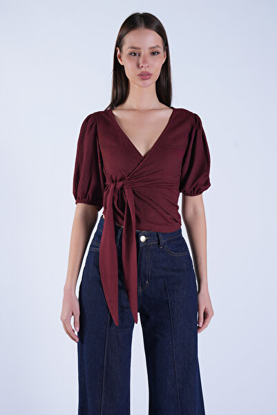 Trend Alaçatı Stili Women's Burgundy Balloon Sleeve Double Breasted Waist-Tie...