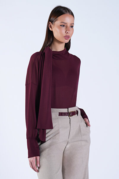 Trend Alaçatı Stili Women's Burgundy High Collar Transparent Blouse with Fixe...