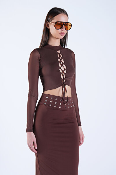 Trend Alaçatı Stili Women's Brown Stand Collar Lace-Up Front Transparent Slee...