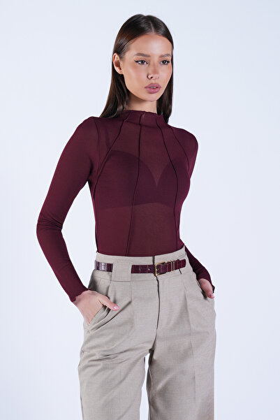 Trend Alaçatı Stili Bluză transparentă de damă, bordeaux, cu guler înalt și c...