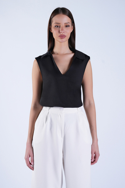 Trend Alaçatı Stili Women's Black Polo Collar Chest-Cut Sleeveless Blouse Alc...