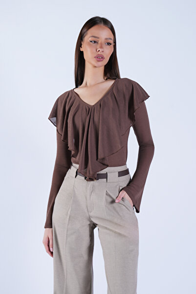 Trend Alaçatı Stili Γυναικεία καφέ μπλούζα με λαιμόκοψη V, ισπανικό στυλ, με ...