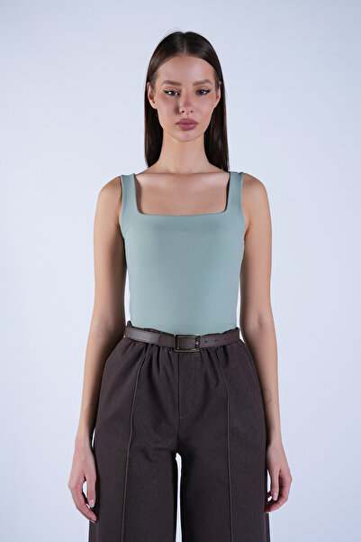 Trend Alaçatı Stili Дамска зелена блуза с квадратна яка и тънки презрамки от ...