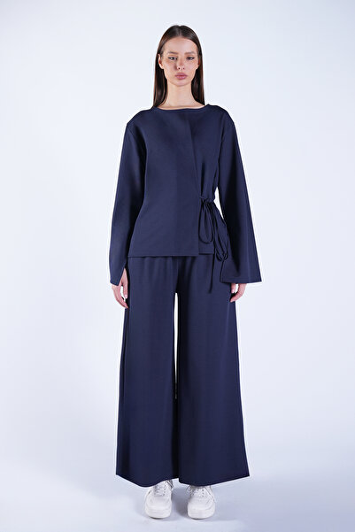 Trend Alaçatı Stili Women's Navy Blue Crew Neck Knitted Jacket with Tie Detai...