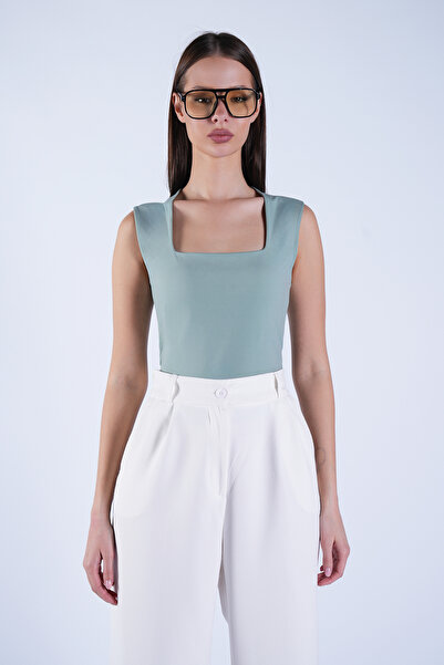 Trend Alaçatı Stili Дамска зелена блуза с квадратна яка и дебели презрамки AL...